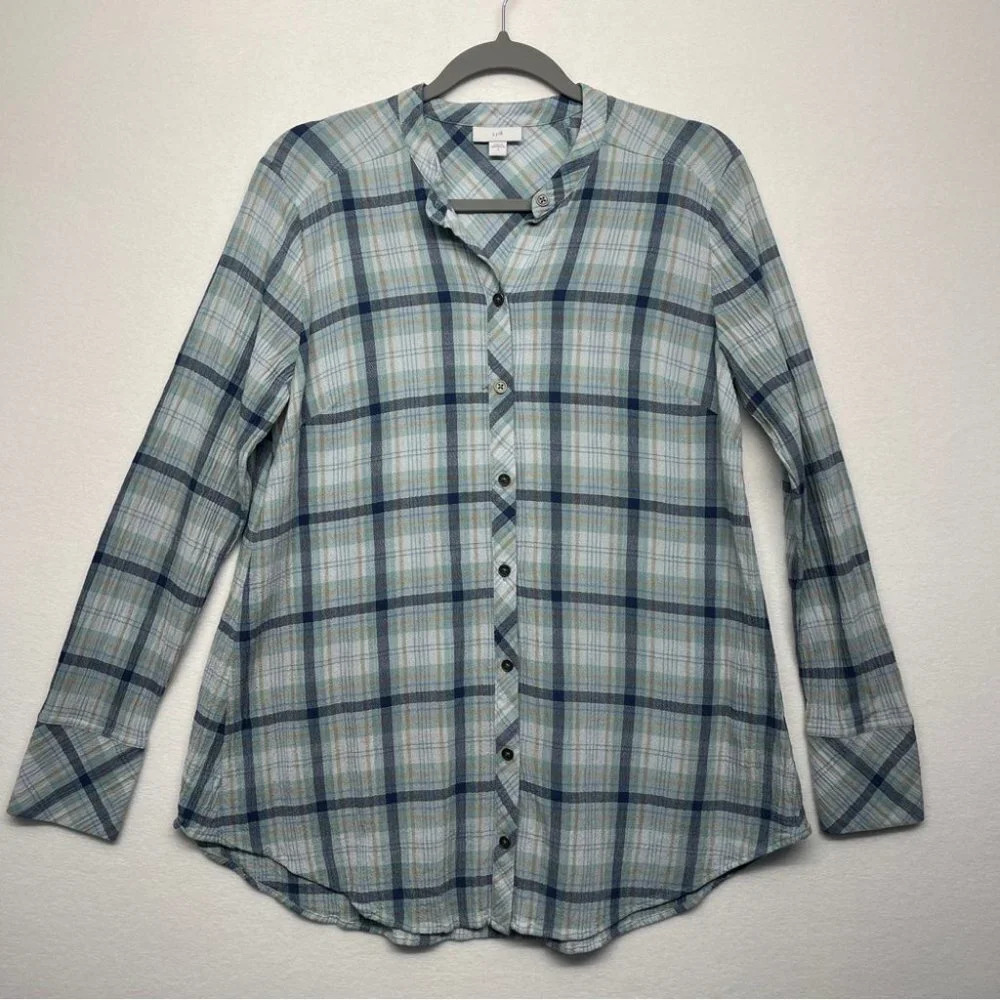 J Jill Plaid Button Up Blouse S Blue